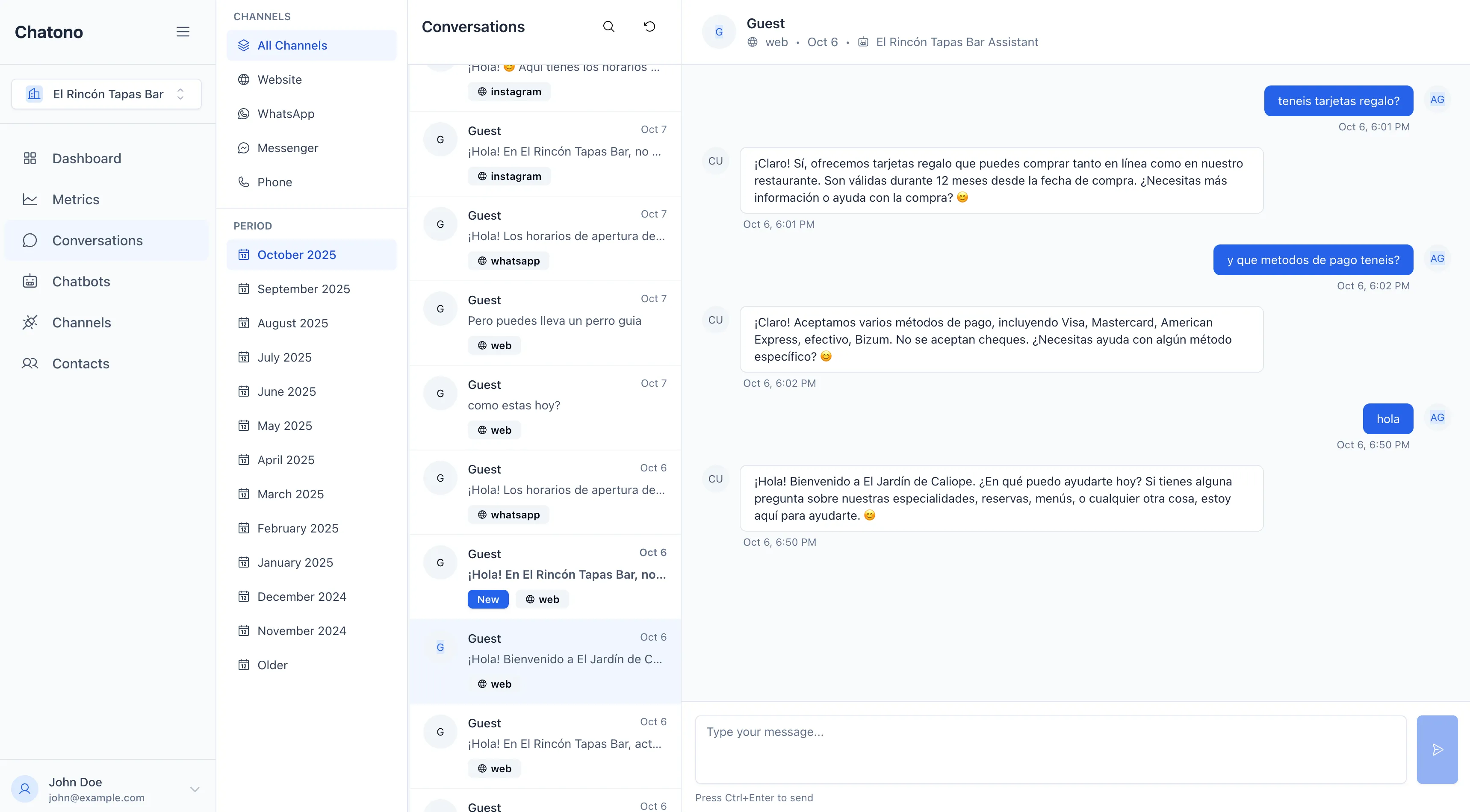Vista de conversaciones con clientes