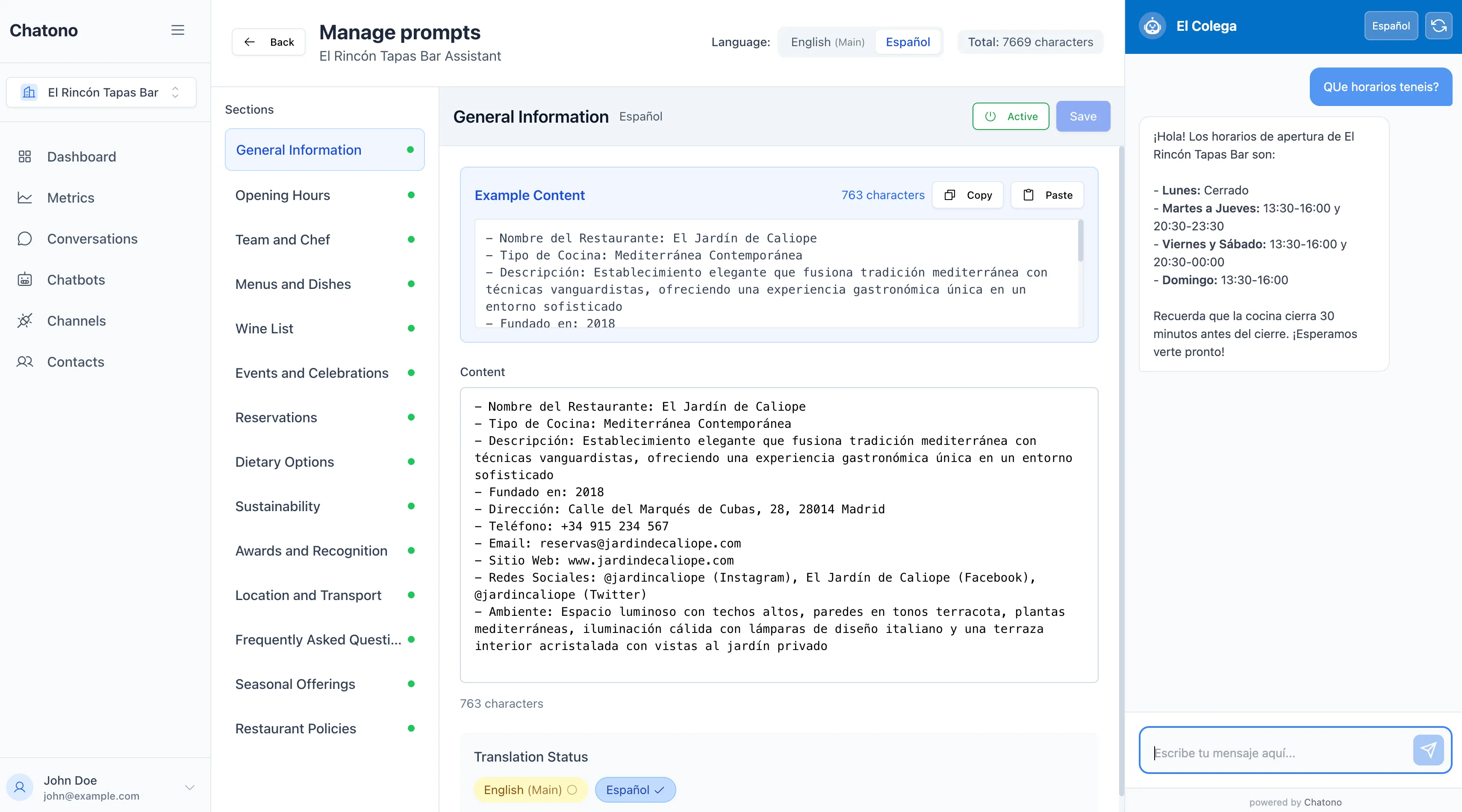 Configuración de prompts del chatbot